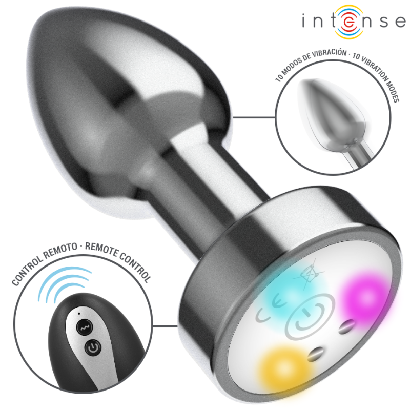 INTENSE - PLUG ANAL TALLA M DE METAL VIBRADOR CON LUCES LED MULTICOLOR Y CONTROL REMOTO