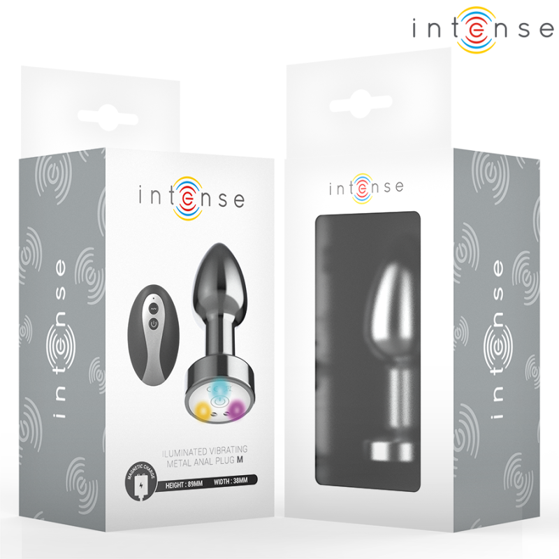 INTENSE - PLUG ANAL TALLA M DE METAL VIBRADOR CON LUCES LED MULTICOLOR Y CONTROL REMOTO